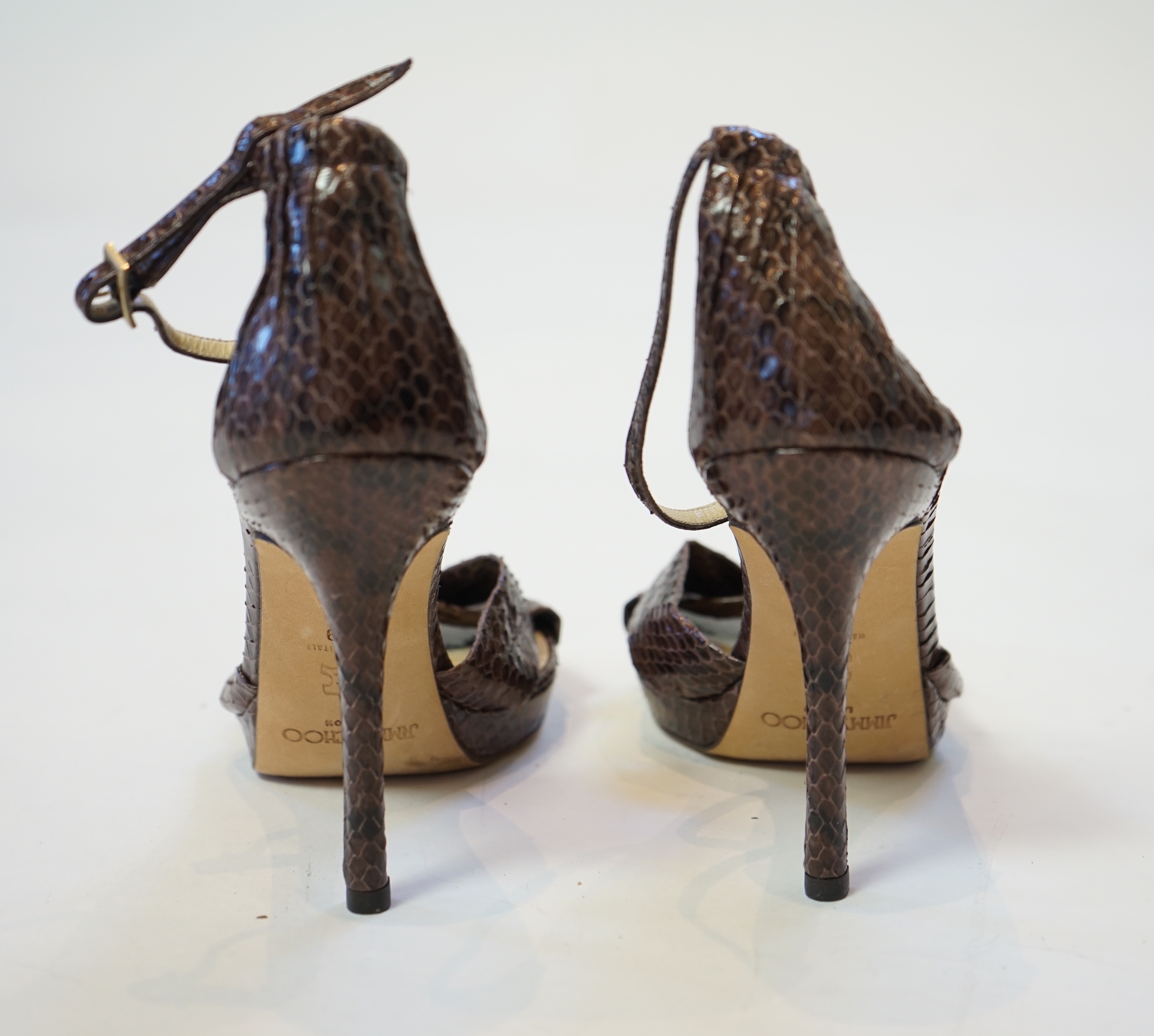 A pair of Jimmy Choo lady's brown snakeskin sandals, size EU 39